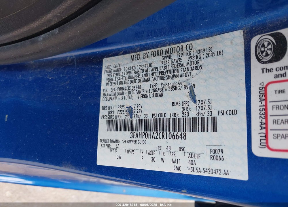 2012 FORD FUSION VIN: 3FAHP0HA2CR106648