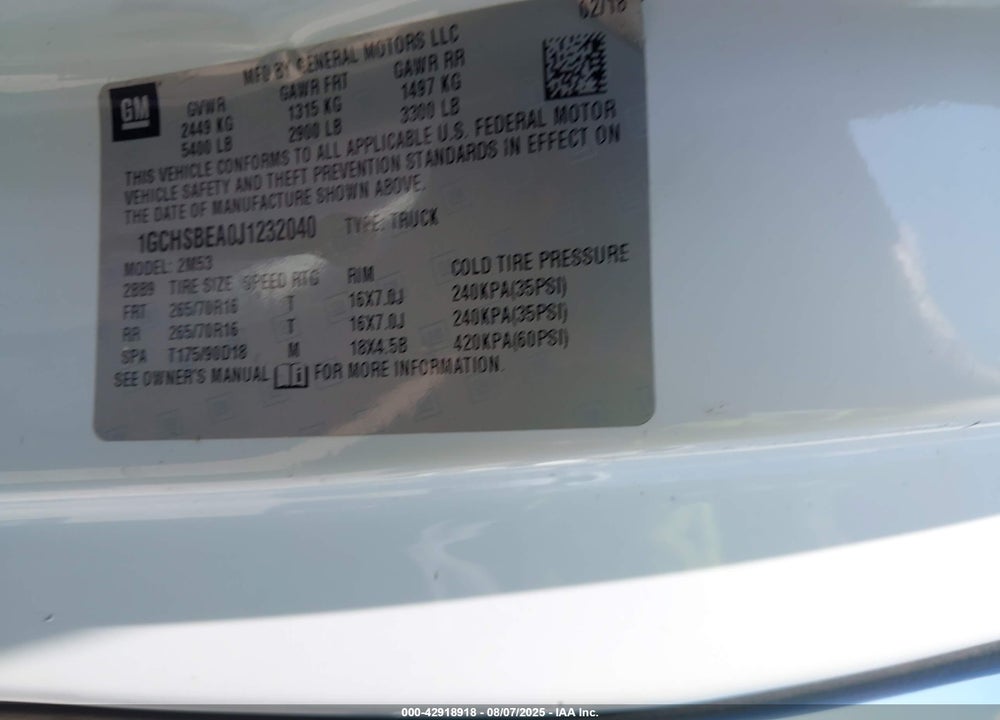 2018 CHEVROLET COLORADO VIN: 1GCHSBEA0J1232040