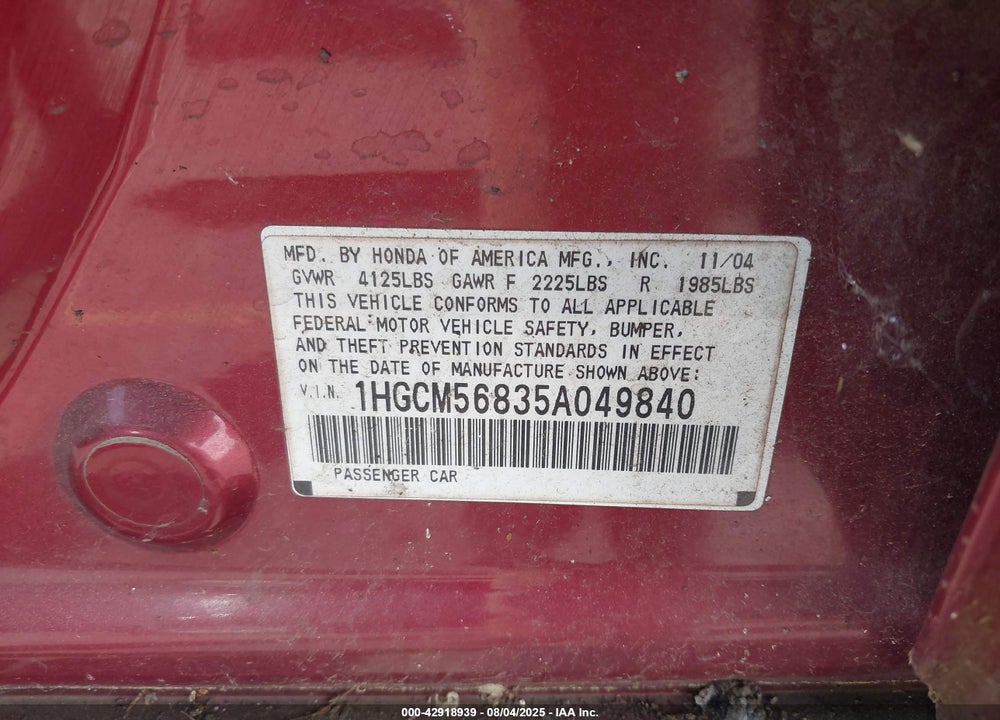 2005 HONDA ACCORD 2.4 EX VIN: 1HGCM56835A049840
