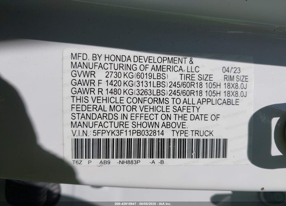 2023 HONDA RIDGELINE VIN: 5FPYK3F11PB032814
