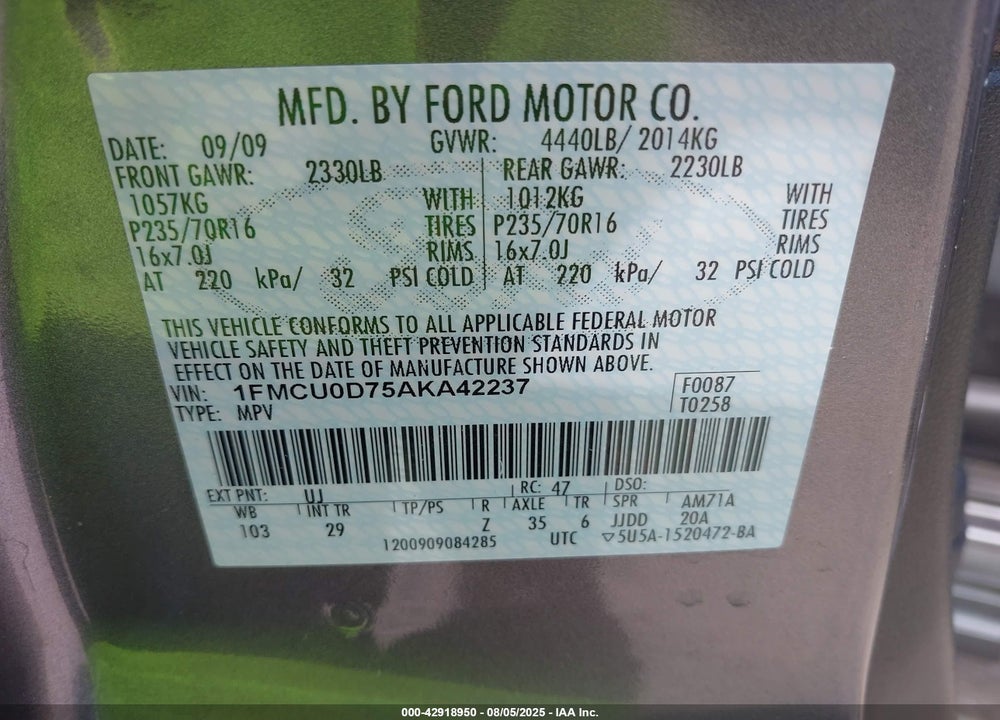 2010 FORD ESCAPE VIN: 1FMCU0D75AKA42237