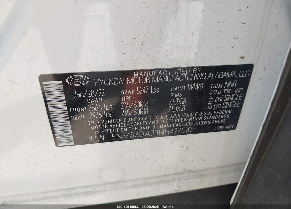 2022 HYUNDAI SANTA FE VIN: 5NMS3DAJ0NH427510