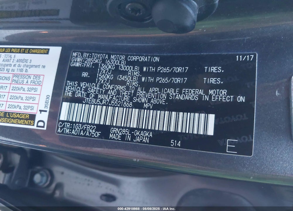 2018 TOYOTA 4RUNNER SR5 VIN: JTEBU5JR7J5521868