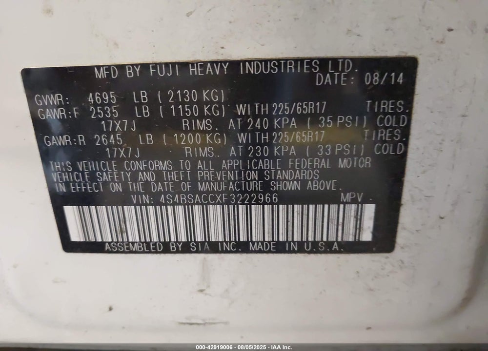 2015 SUBARU OUTBACK VIN: 4S4BSACCXF3222966
