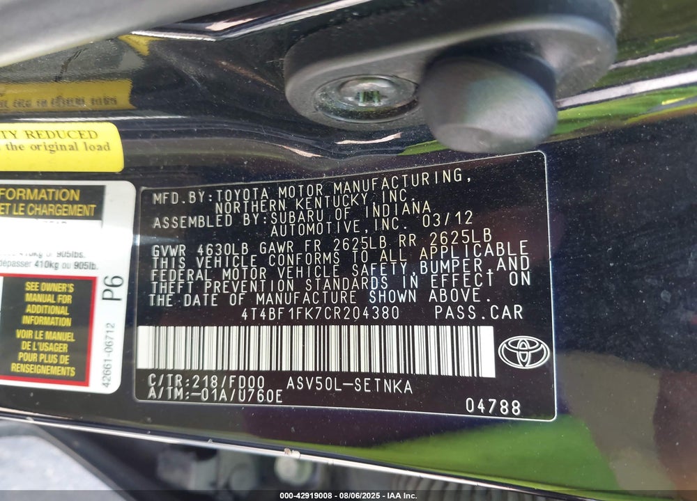 2012 TOYOTA CAMRY VIN: 4T4BF1FK7CR204380