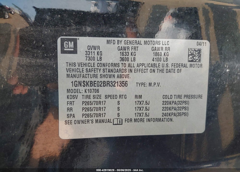 2011 CHEVROLET TAHOE VIN: 1GNSKBE02BR321356