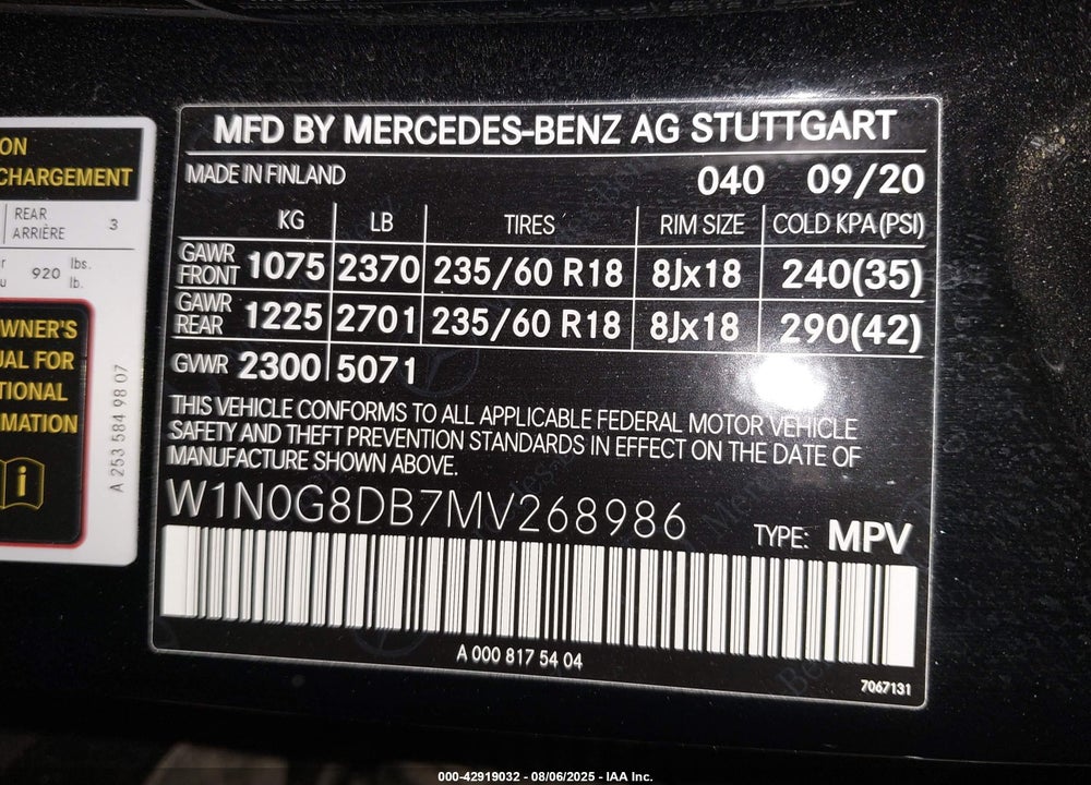 2021 MERCEDES-BENZ GLC CLASS VIN: W1N0G8DB7MV268986