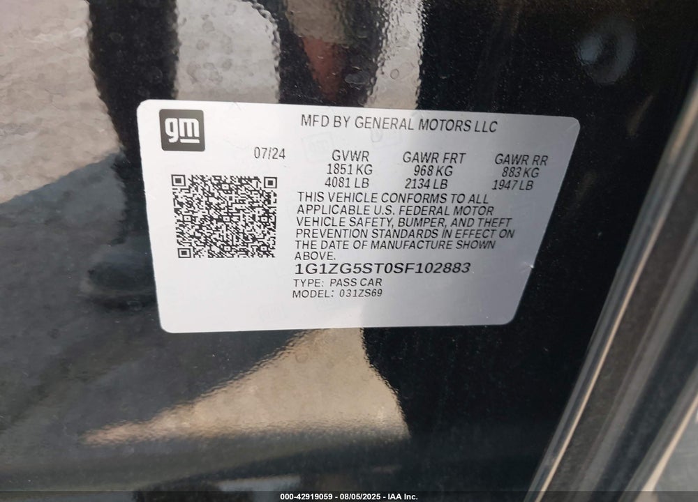 2025 CHEVROLET MALIBU VIN: 1G1ZG5ST0SF102883