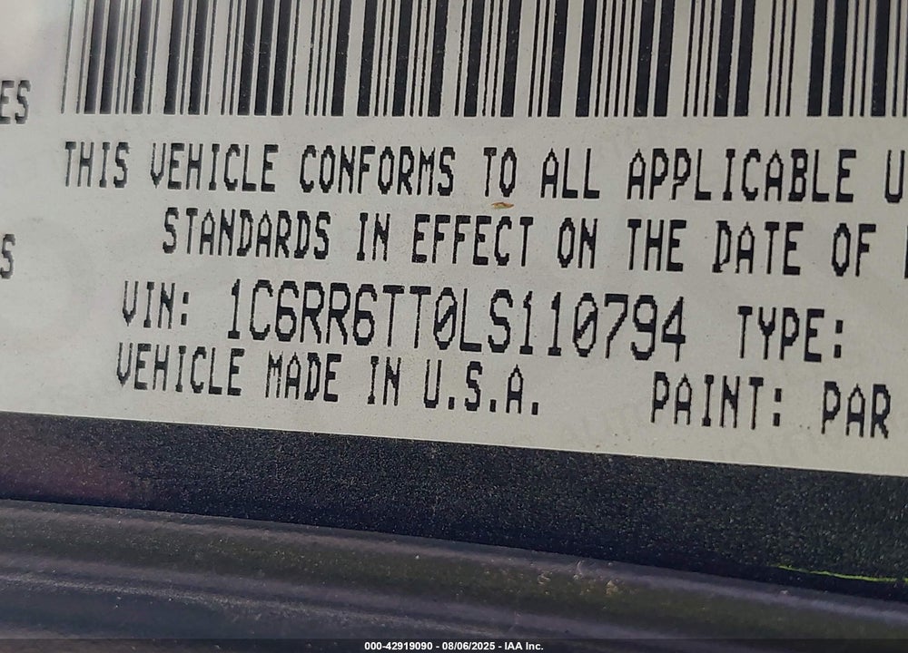 2020 RAM 1500 VIN: 1C6RR6TT0LS110794