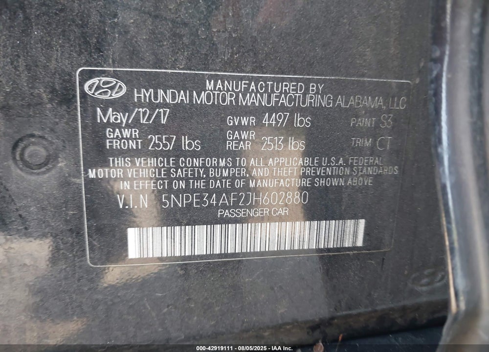 2018 HYUNDAI SONATA VIN: 5NPE34AF2JH602880