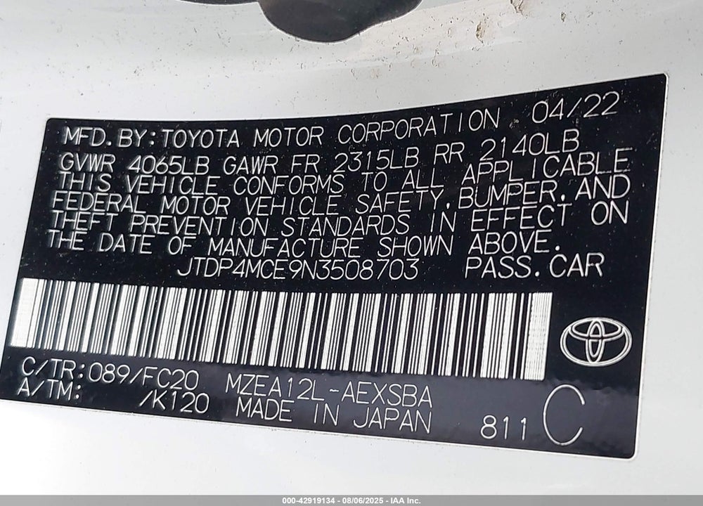 2022 TOYOTA COROLLA SE VIN: JTDP4MCE9N3508703