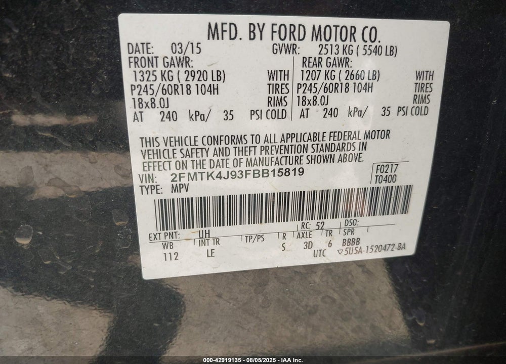 2015 FORD EDGE VIN: 2FMTK4J93FBB15819