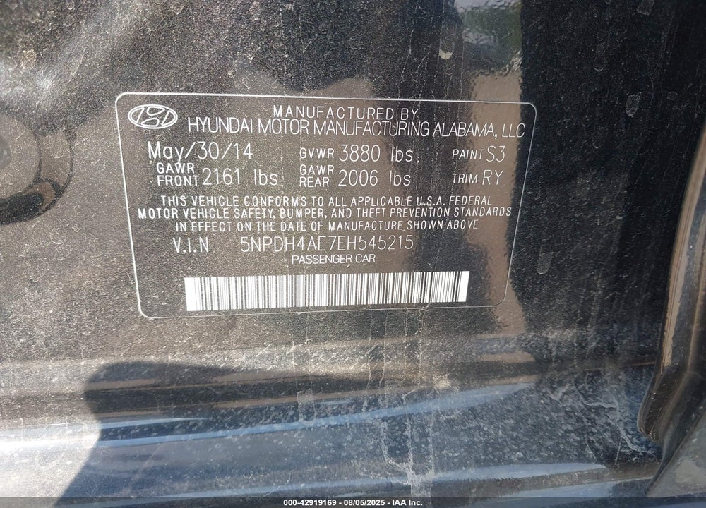 2014 HYUNDAI ELANTRA VIN: 5NPDH4AE7EH545215