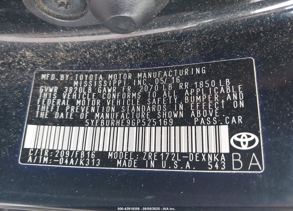 2016 TOYOTA COROLLA VIN: 5YFBURHE9GP525169