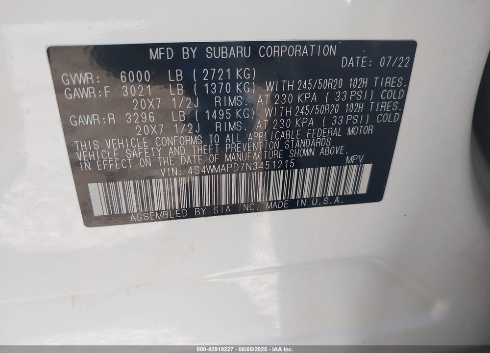 2022 SUBARU ASCENT LIMITED VIN: 4S4WMAPD7N3451215