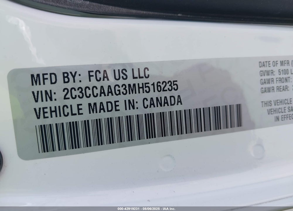 2021 CHRYSLER 300 TOURING VIN: 2C3CCAAG3MH516235