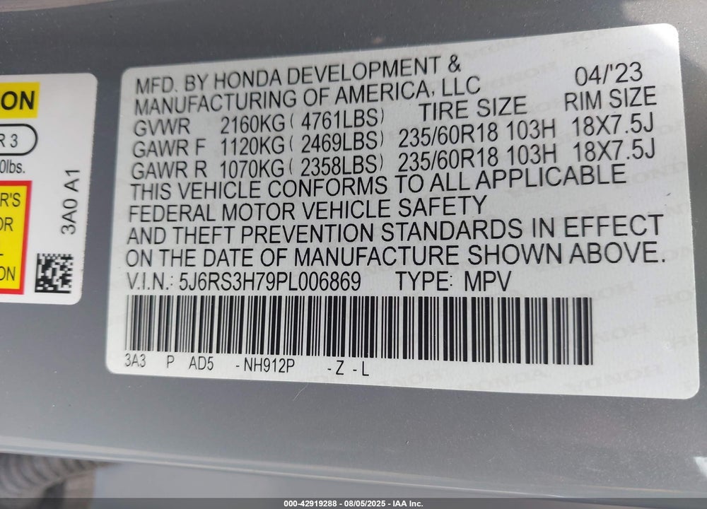 2023 HONDA CR-V EX-L 2WD VIN: 5J6RS3H79PL006869