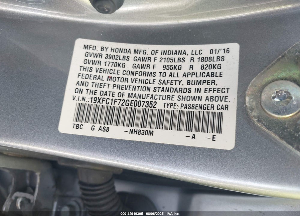 2016 HONDA CIVIC EX-L VIN: 19XFC1F72GE007352