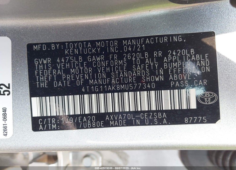 2021 TOYOTA CAMRY SE VIN: 4T1G11AK8MU577340