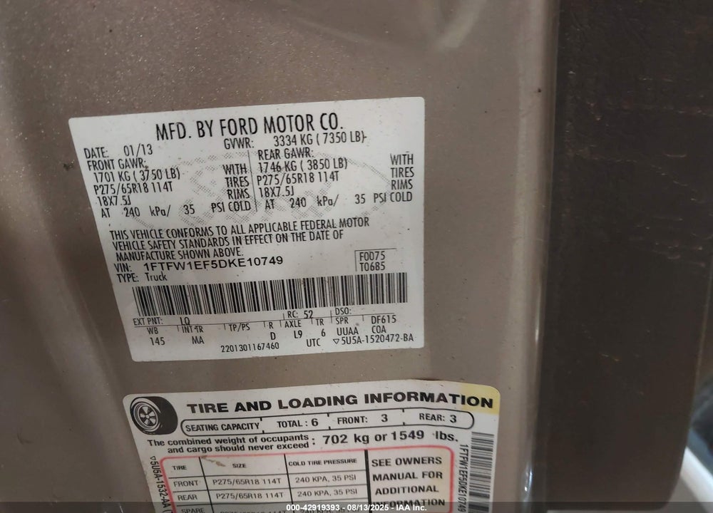 2013 FORD F-150 XLT VIN: 1FTFW1EF5DKE10749