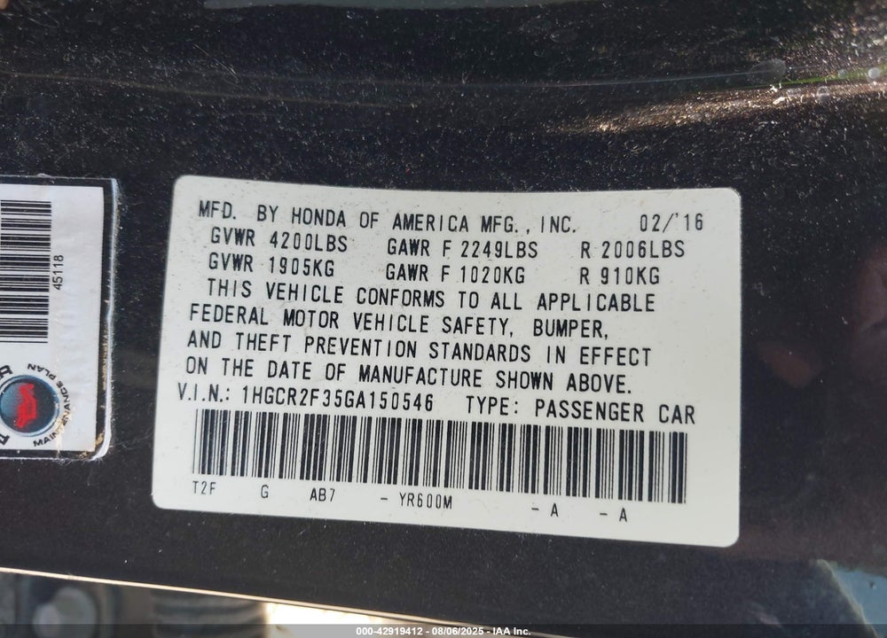2016 HONDA ACCORD LX VIN: 1HGCR2F35GA150546