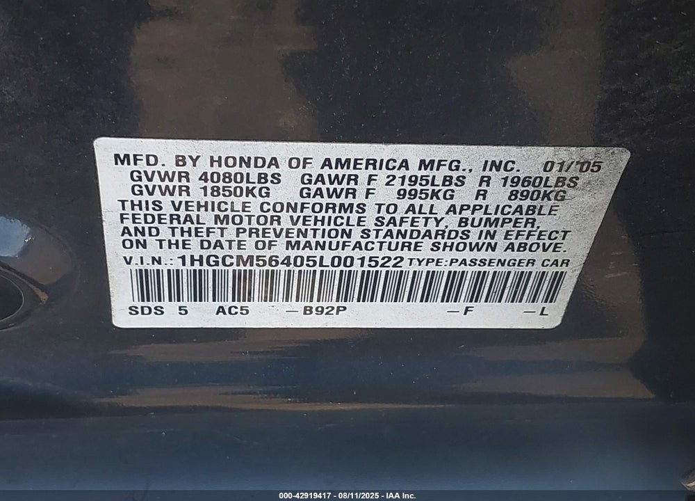 2005 HONDA ACCORD 2.4 LX VIN: 1HGCM56405L001522