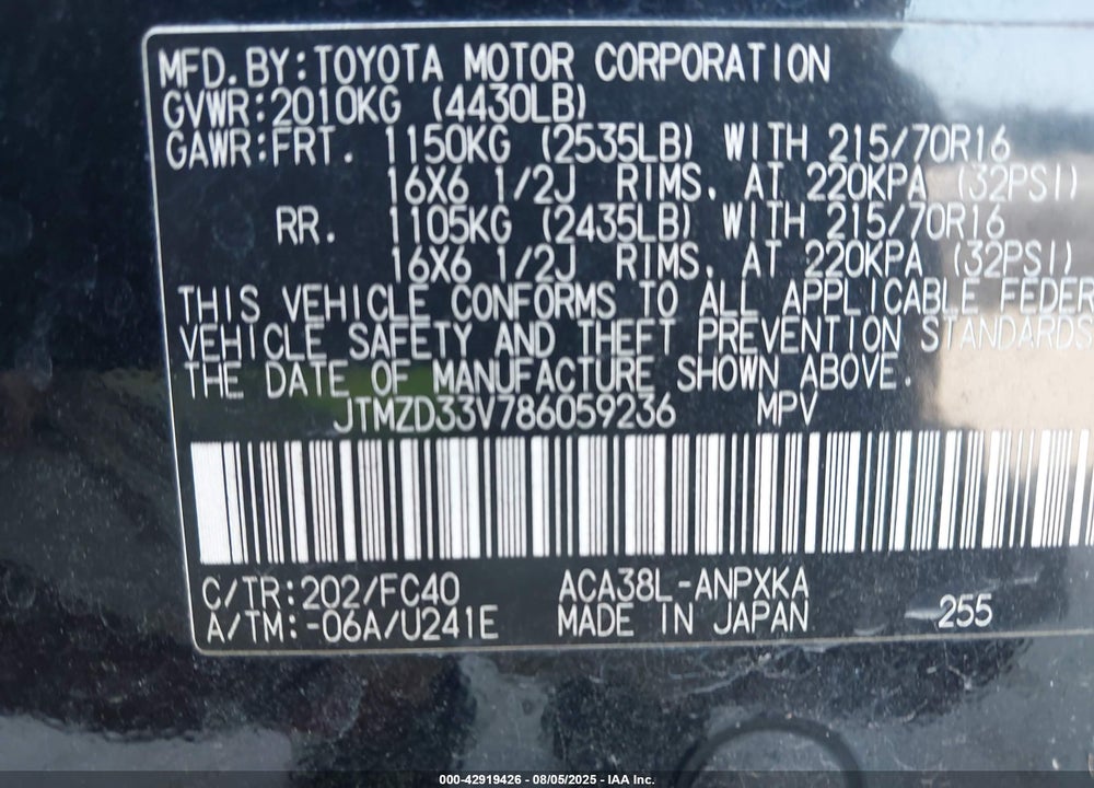 2008 TOYOTA RAV4 VIN: JTMZD33V786059236