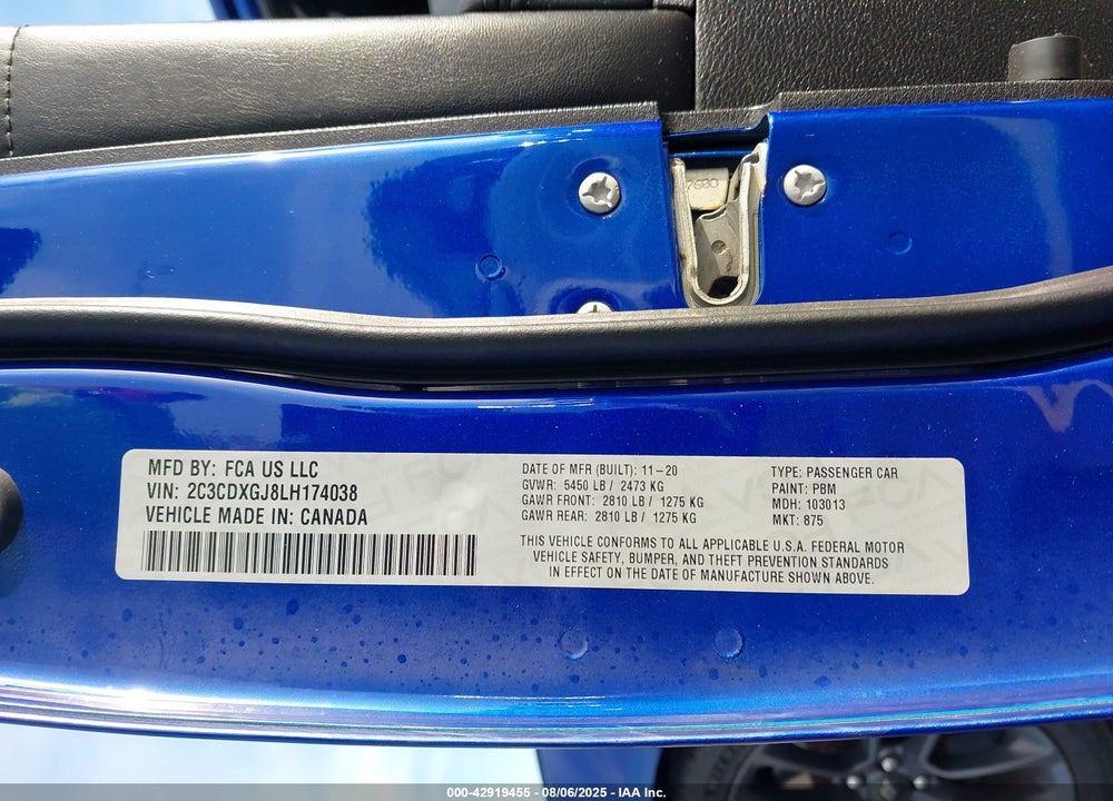 2020 DODGE CHARGER VIN: 2C3CDXGJ8LH174038