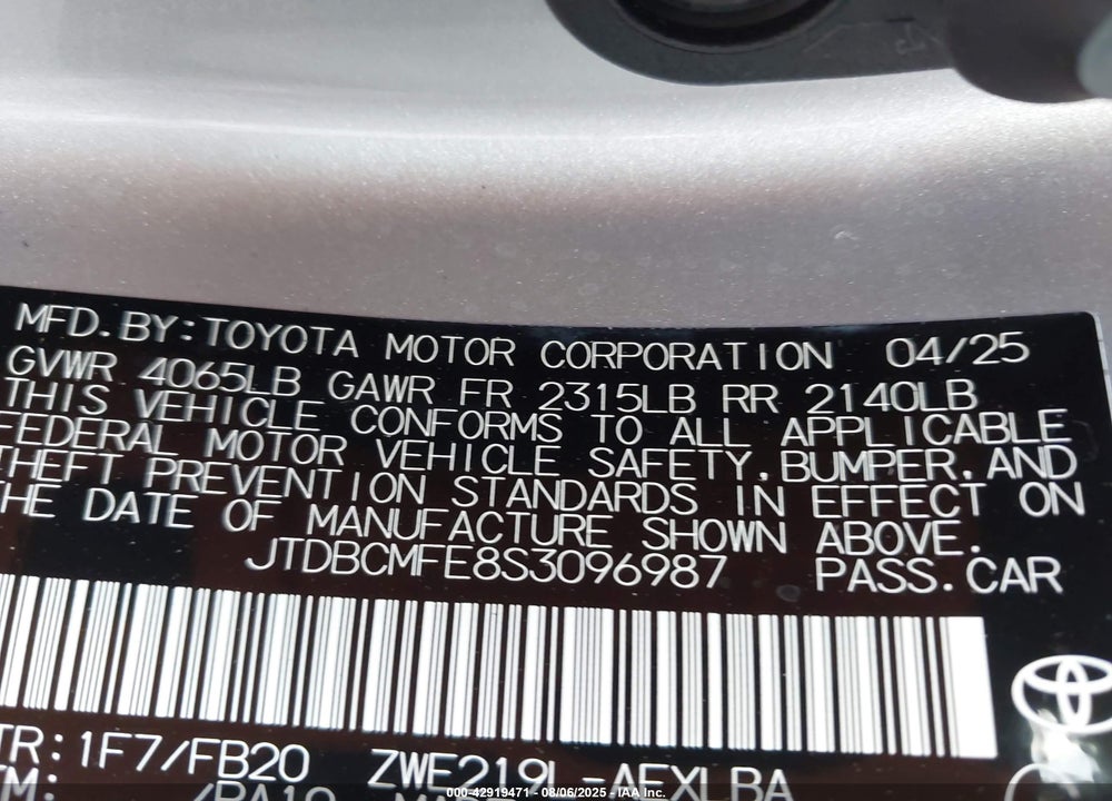 2025 TOYOTA COROLLA VIN: JTDBCMFE8S3096987