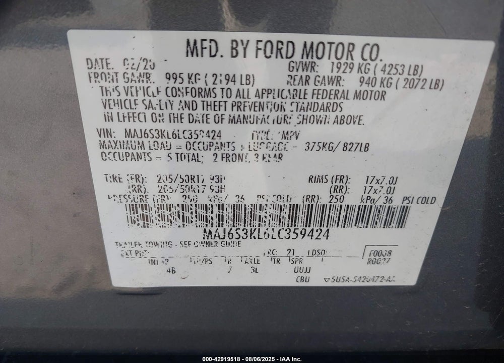 2020 FORD ECOSPORT VIN: MAJ6S3KL6LC359424