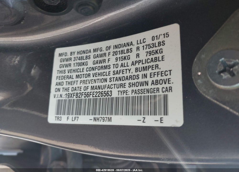 2015 HONDA CIVIC VIN: 19XFB2F56FE226563