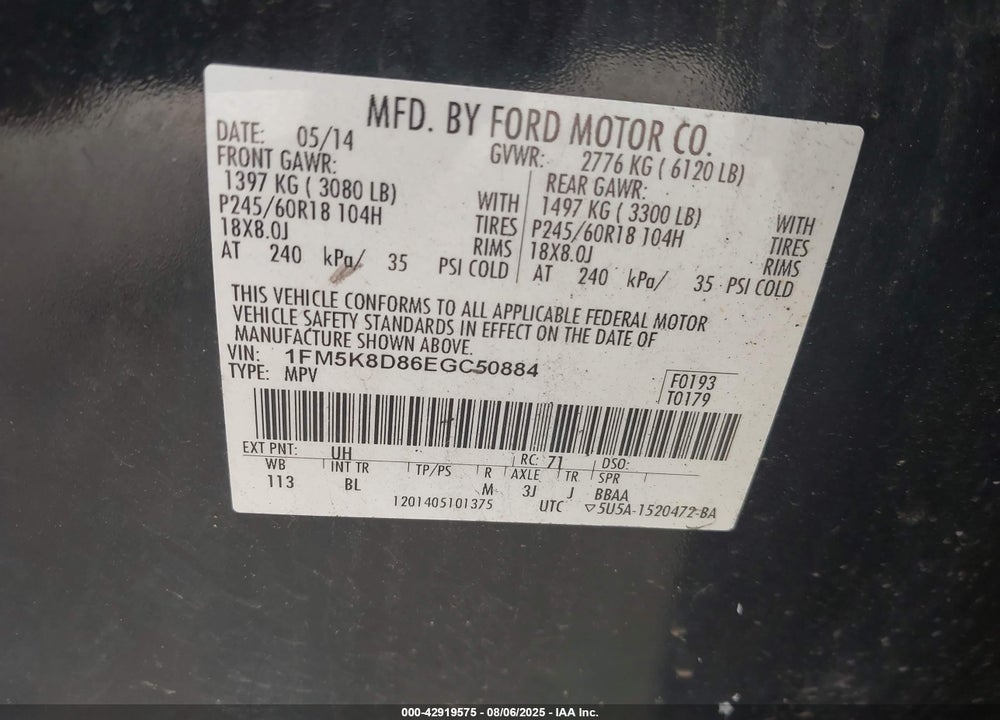 2014 FORD EXPLORER VIN: 1FM5K8D86EGC50884