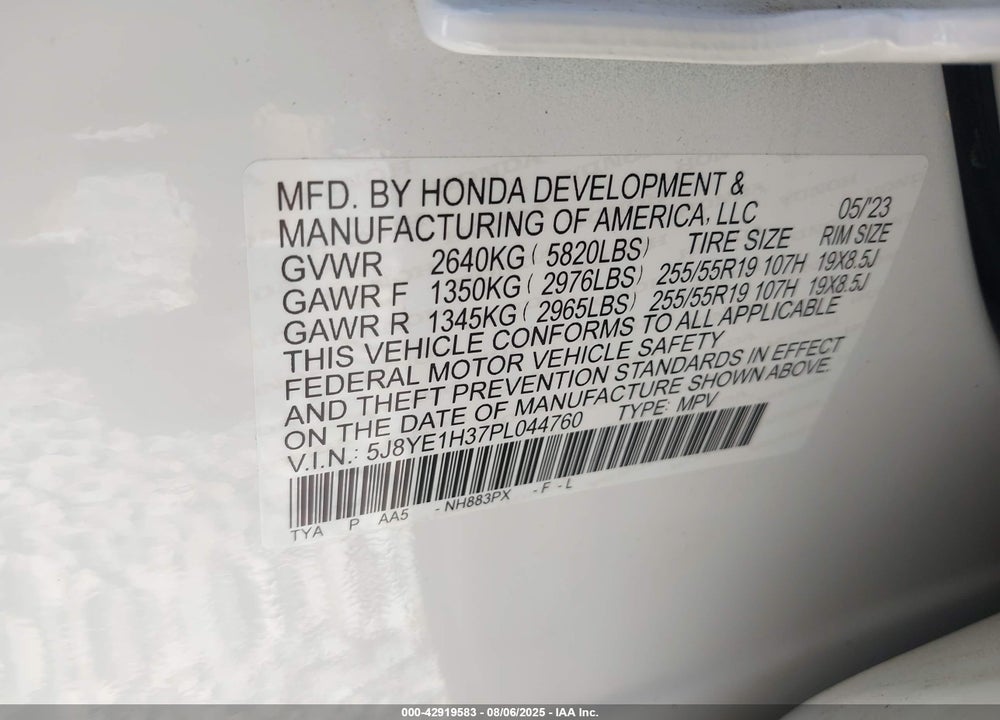 2023 ACURA MDX VIN: 5J8YE1H37PL044760