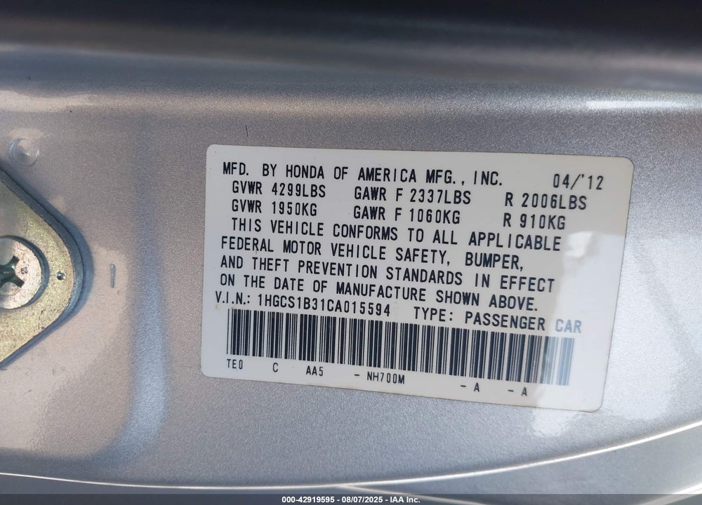 2012 HONDA ACCORD VIN: 1HGCS1B31CA015594
