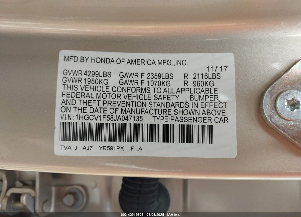 2018 HONDA ACCORD VIN: 1HGCV1F58JA047135