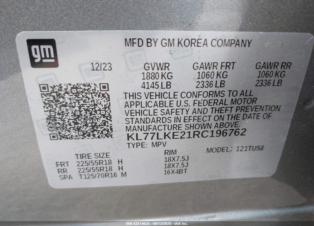 2024 CHEVROLET TRAX VIN: KL77LKE21RC196762
