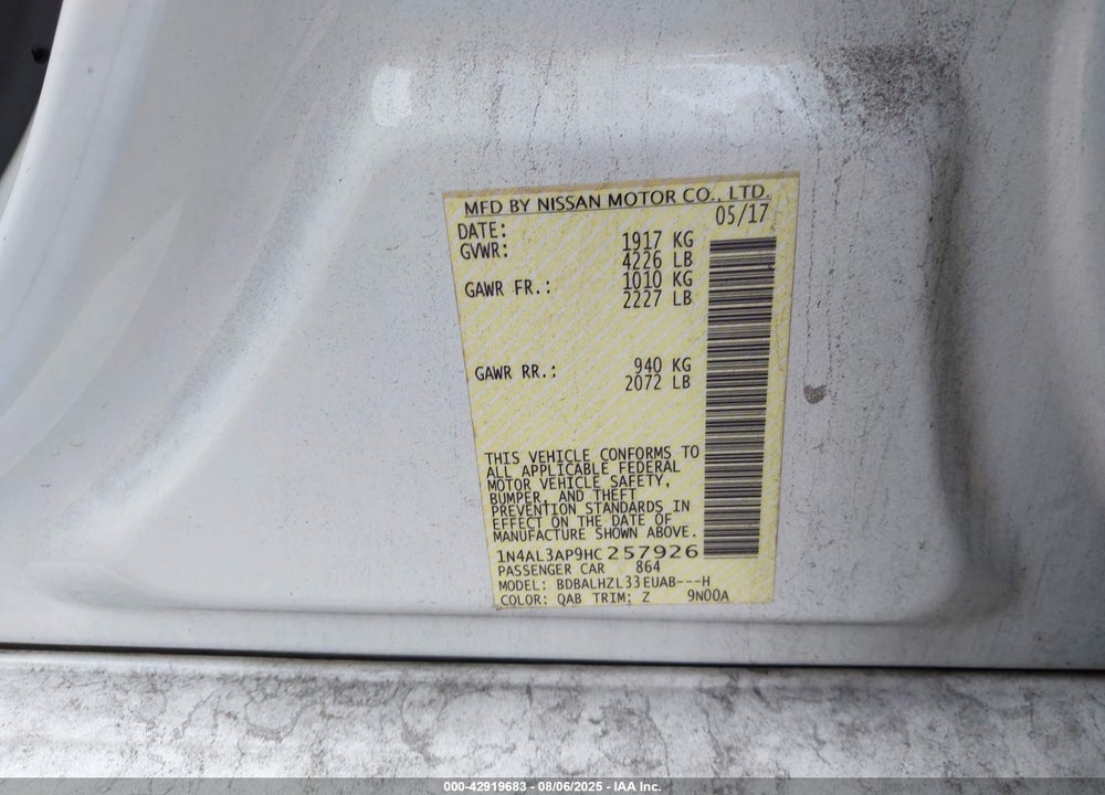 2017 NISSAN ALTIMA VIN: 1N4AL3AP9HC257926
