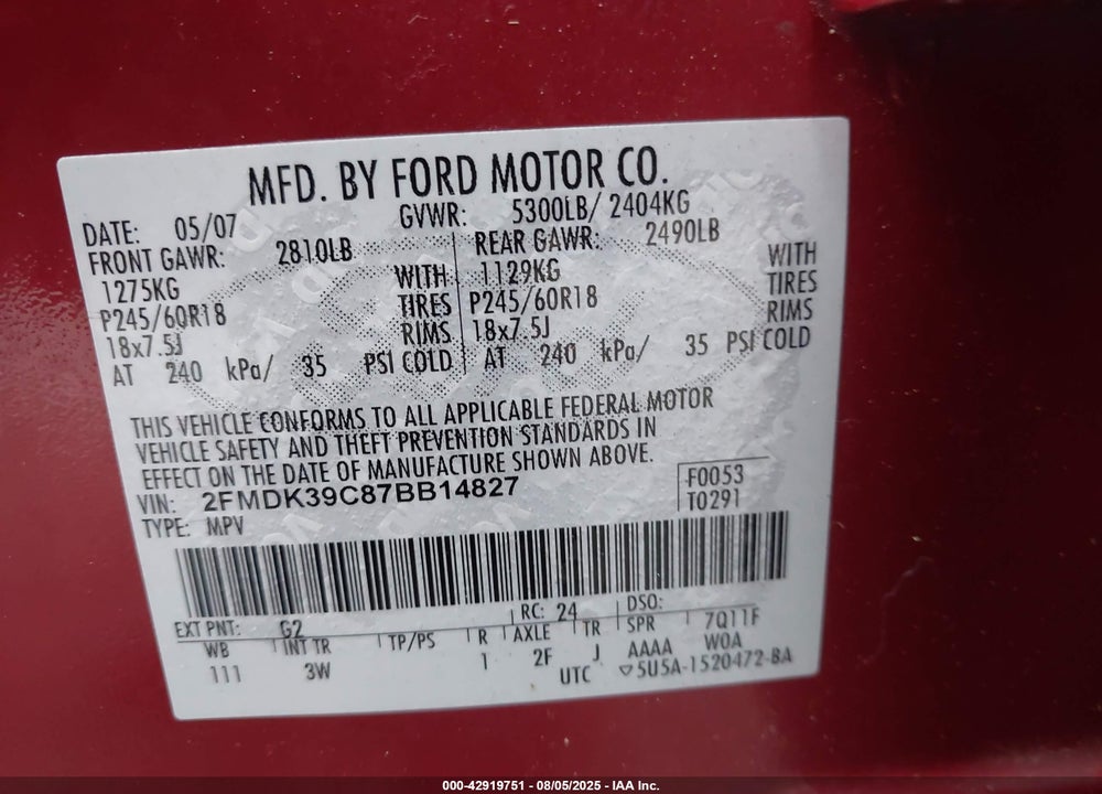 2007 FORD EDGE SEL PLUS VIN: 2FMDK39C87BB14827