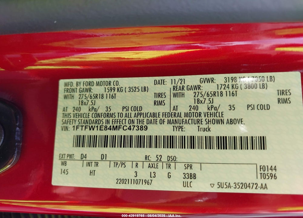 2021 FORD F-150 VIN: 1FTFW1E84MFC47389