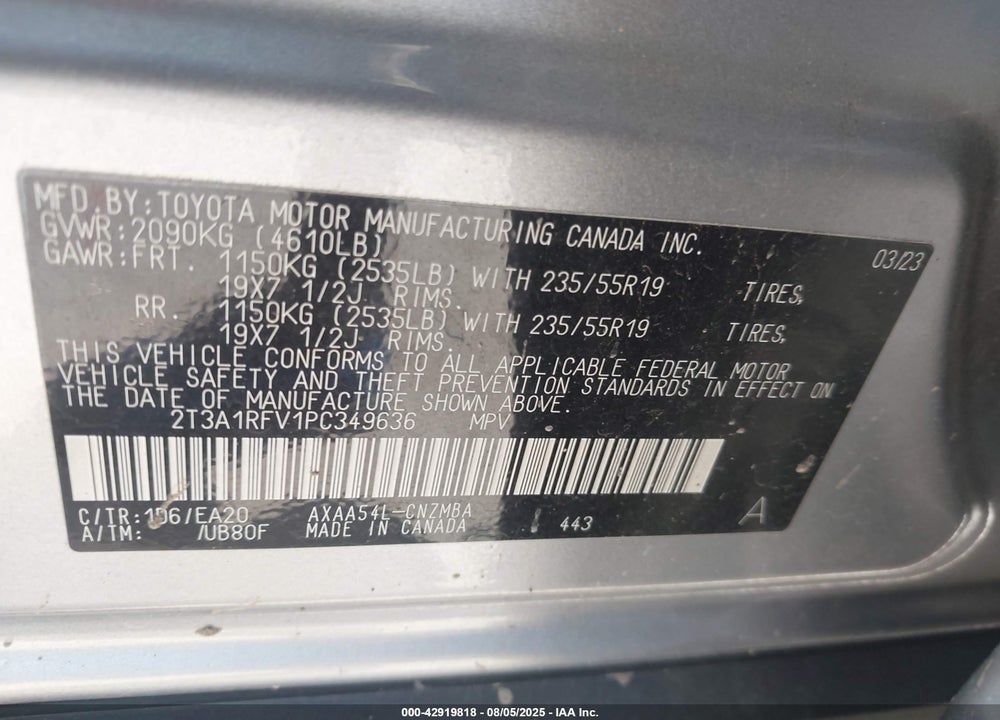 2023 TOYOTA RAV4 VIN: 2T3A1RFV1PC349636