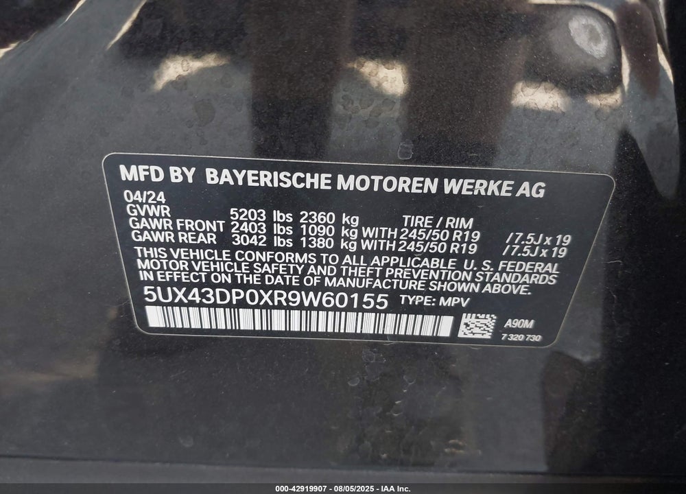 2024 BMW X3 VIN: 5UX43DP0XR9W60155
