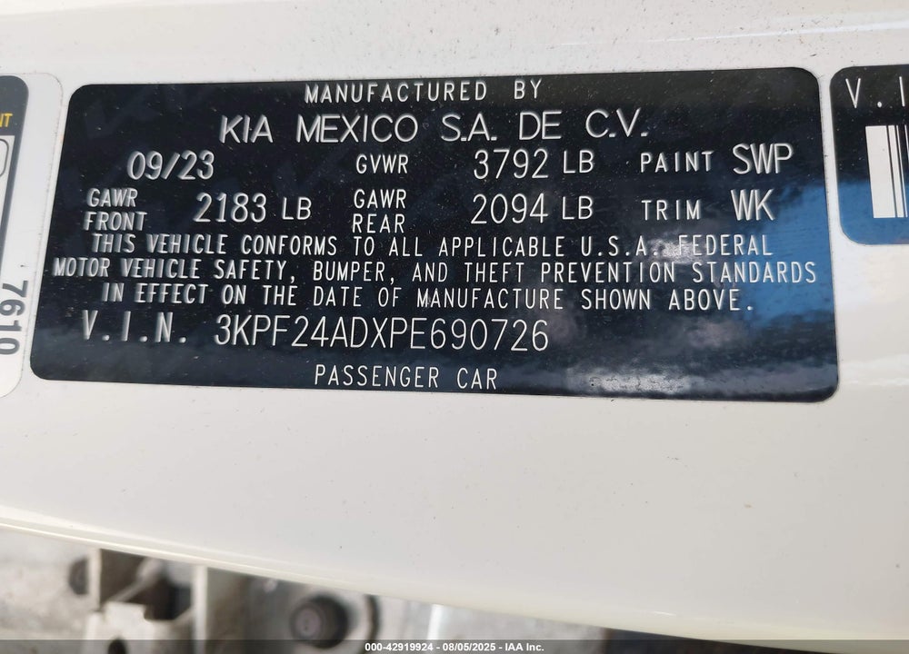 2023 KIA FORTE VIN: 3KPF24ADXPE690726