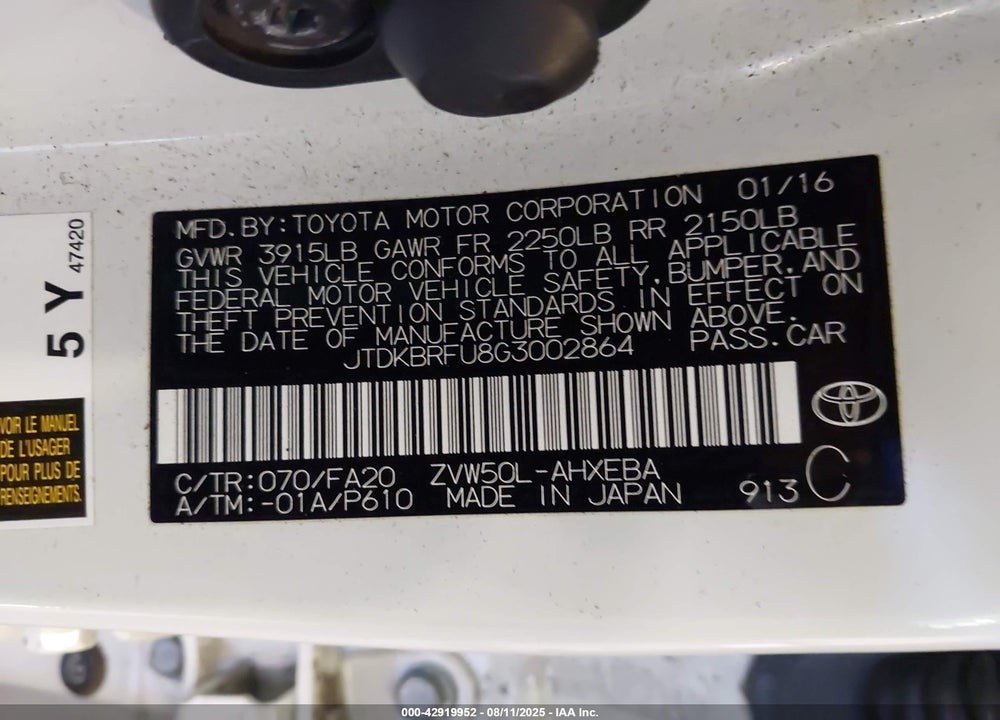 2016 TOYOTA PRIUS VIN: JTDKBRFU8G3002864