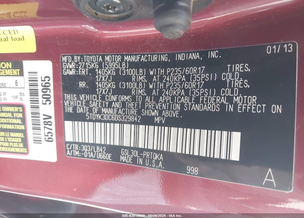 2013 TOYOTA SIENNA XLE V6 8 PASSENGER VIN: 5TDYK3DC6DS329842