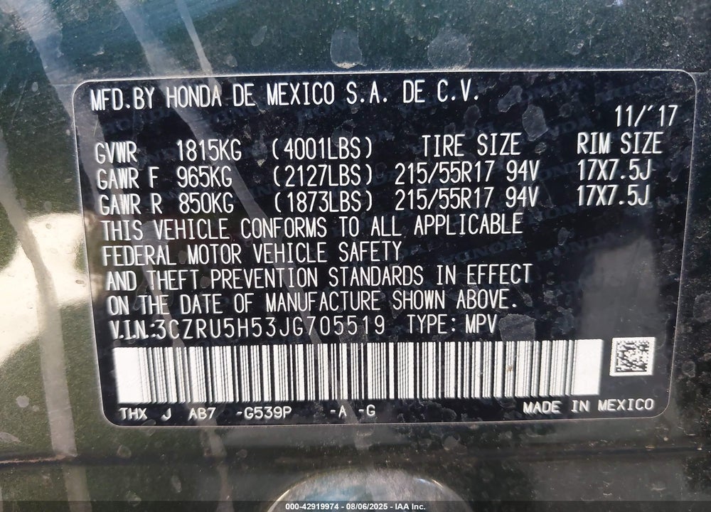 2018 HONDA HR-V VIN: 3CZRU5H53JG705519