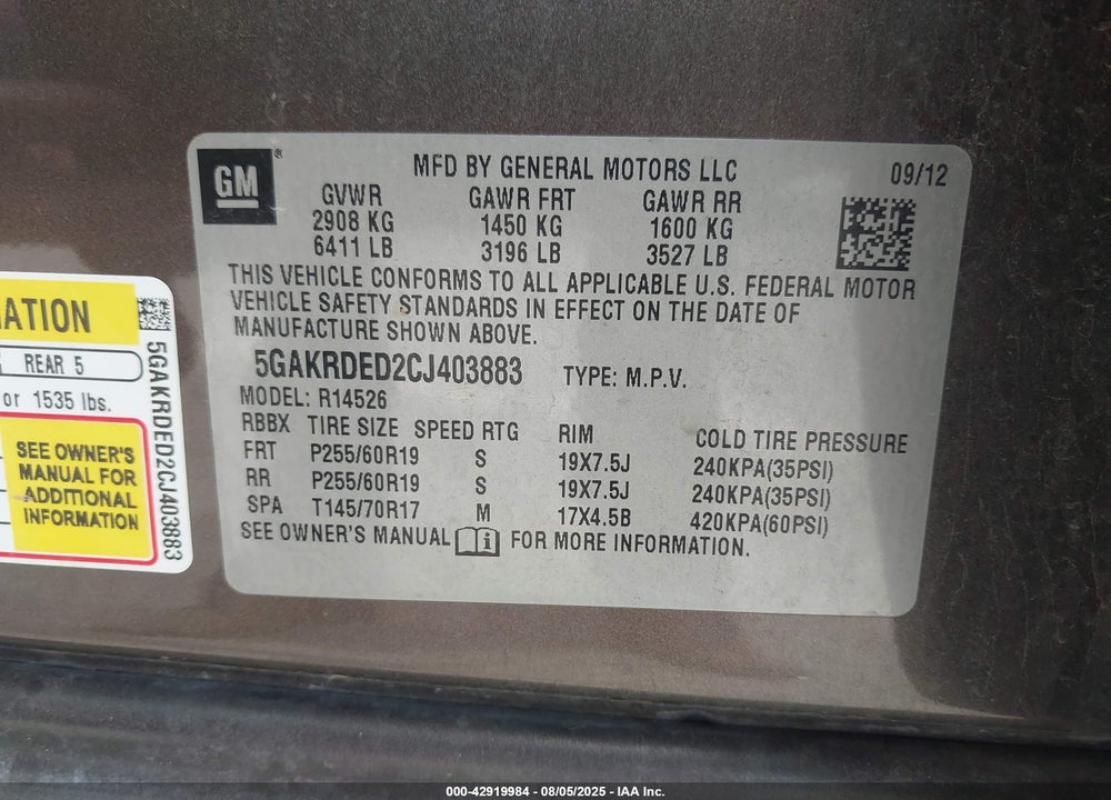 2012 BUICK ENCLAVE PREMIUM VIN: 5GAKRDED2CJ403883