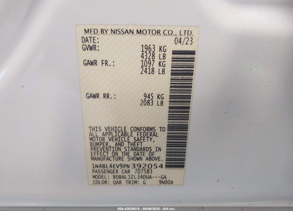 2023 NISSAN ALTIMA VIN: 1N4BL4EV9PN392054