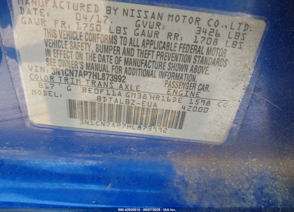 2017 NISSAN VERSA VIN: 3N1CN7AP7HL873992