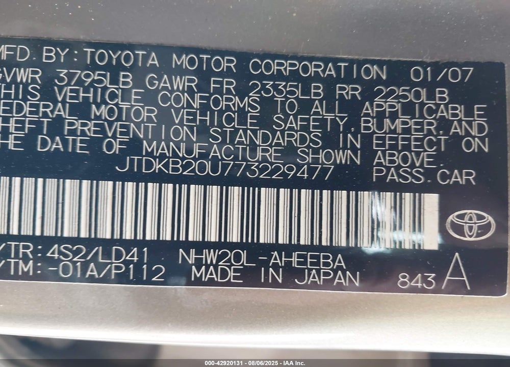 2007 TOYOTA PRIUS VIN: JTDKB20U773229477
