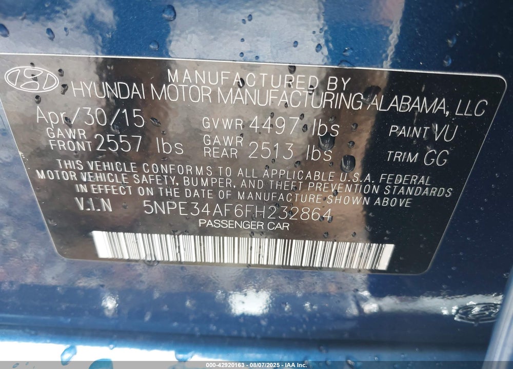 2015 HYUNDAI SONATA VIN: 5NPE34AF6FH232864
